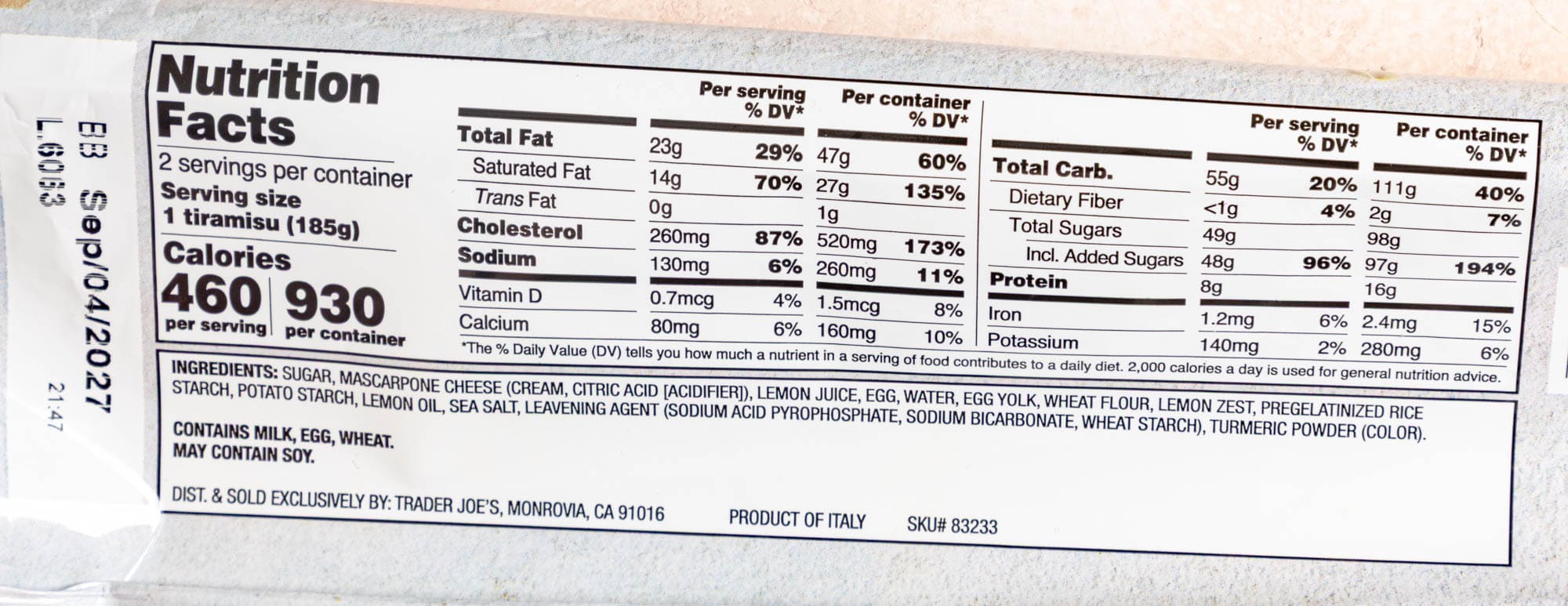 Nutritional facts, calories, and ingredients in Trader Joe's Lemon Tiramisu.