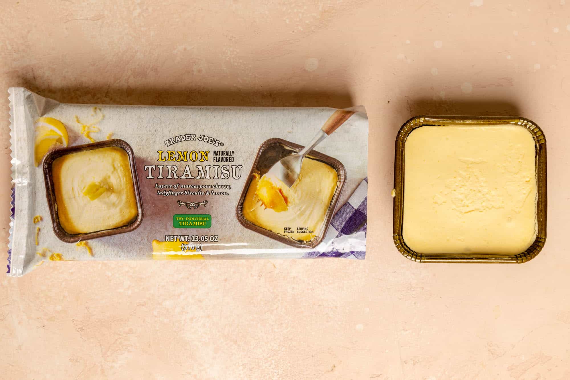 An opened Trader Joe's Lemon Tiramisu next to the original package.