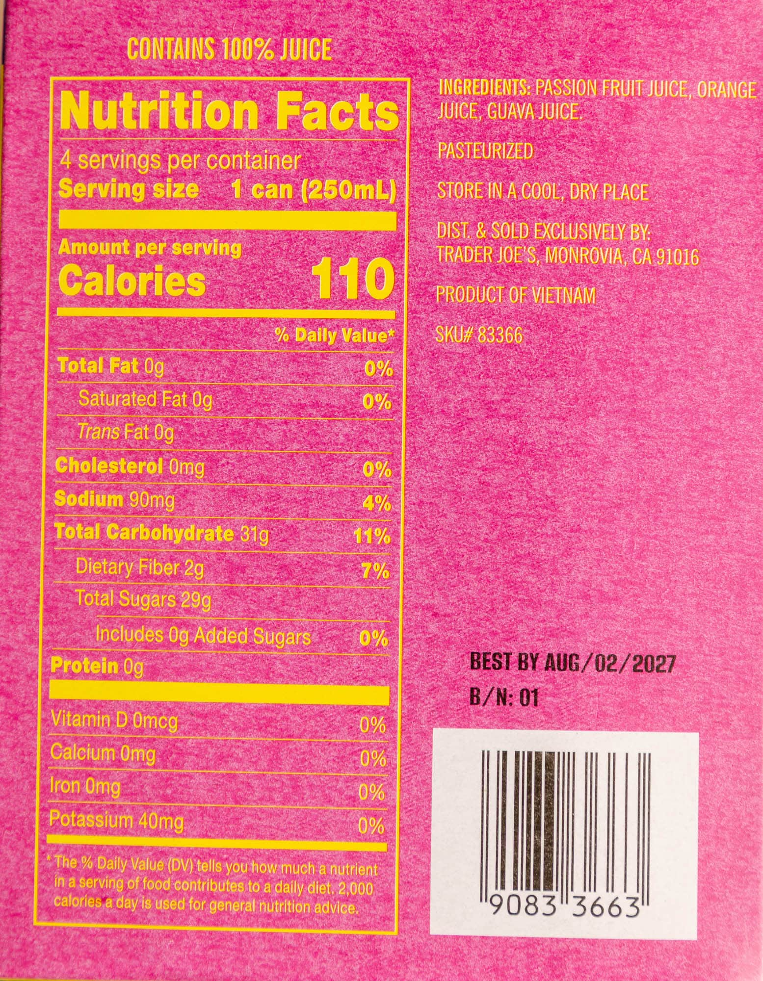 Nutritional fact and ingredients in Trader Joe's Passion Fruit Orange Guava Juice.