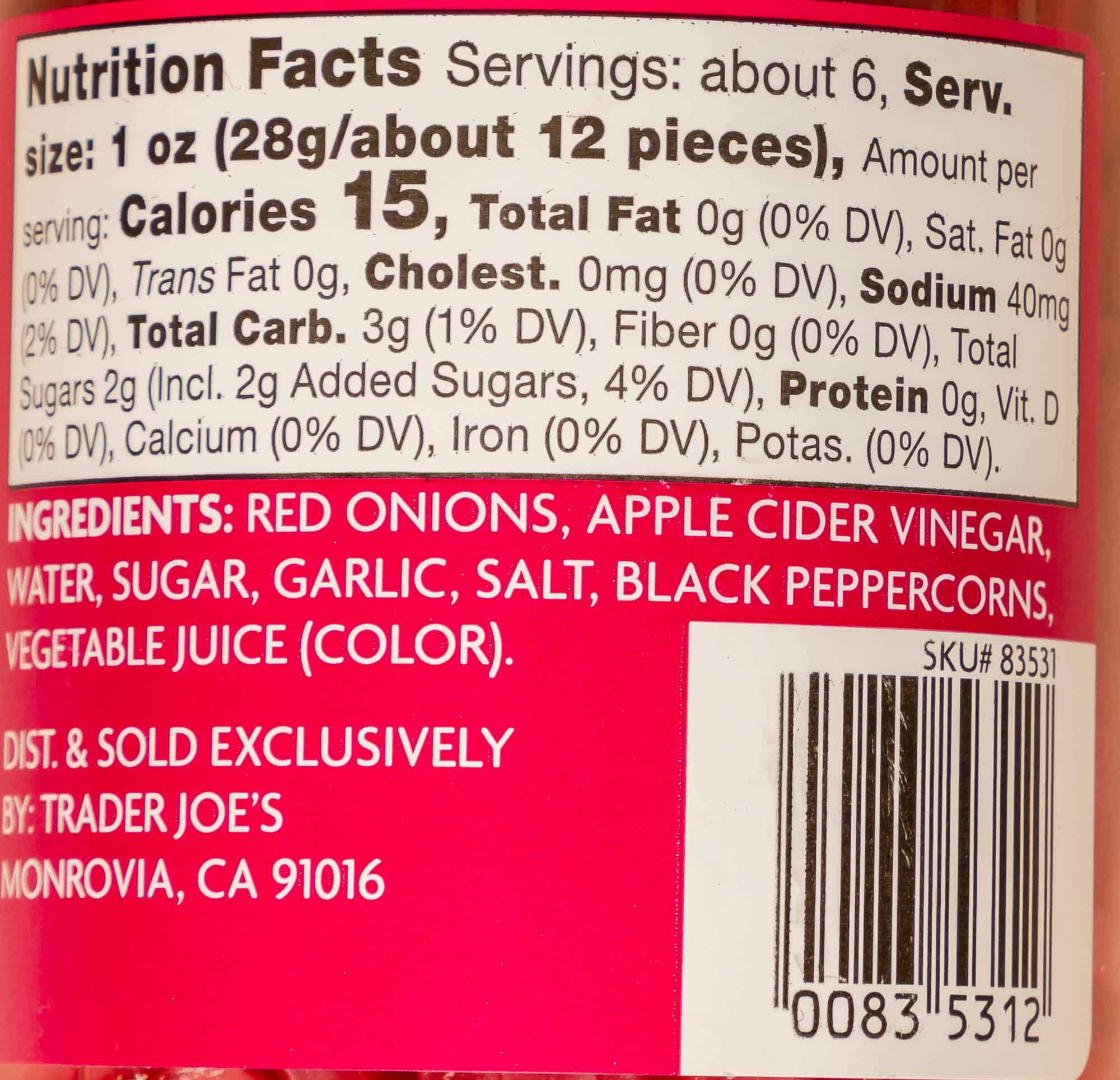 Calories and ingredients in Trader Joe's Pickled Red Onions.