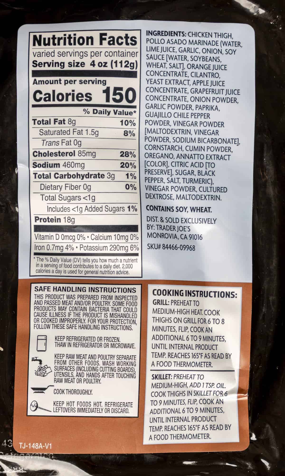 Ingredients and nutritional facts in Trader Joe's Pollo Asado Chicken Thighs.