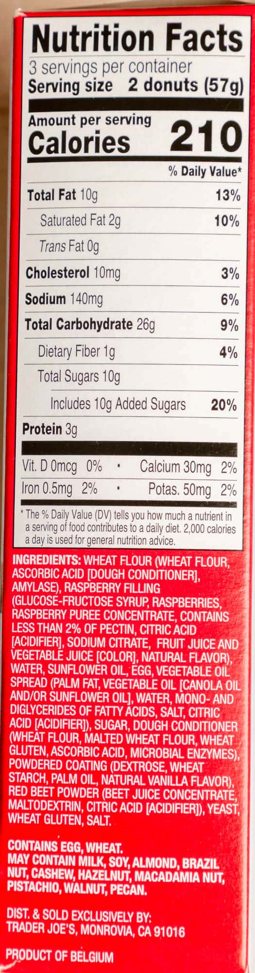 Nutritional information, calories, and ingredients in Trader Joe's Raspberry Filled Donuts.