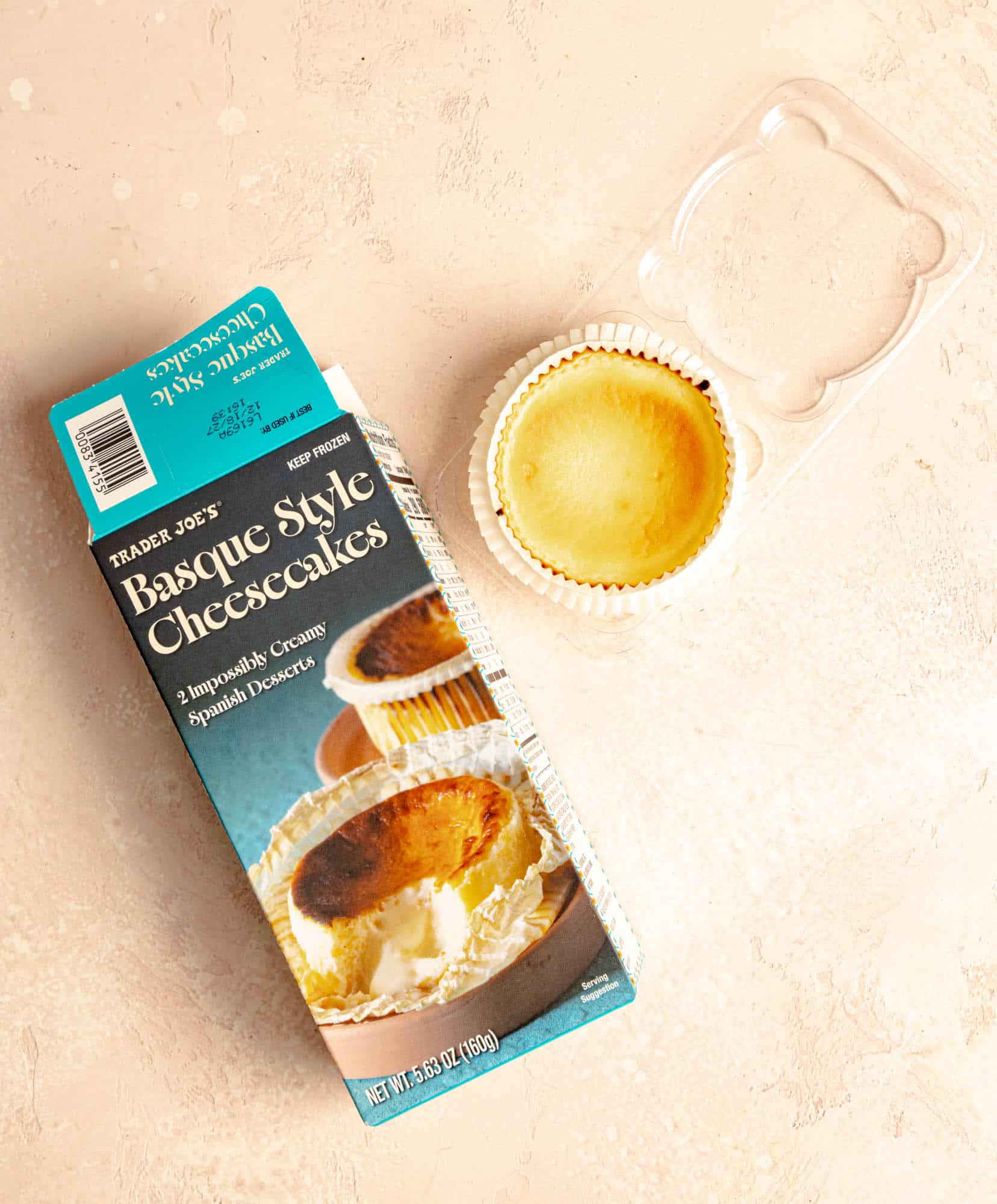 An open package of Trader Joe's Basque Style Cheesecakes showing 1 of the desserts.