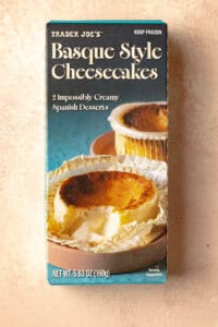 An unopened box of Trader Joe's Basque Style Cheesecakes.