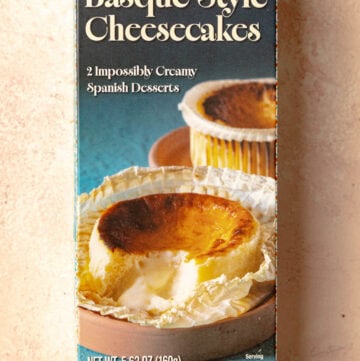 An unopened box of Trader Joe's Basque Style Cheesecakes.