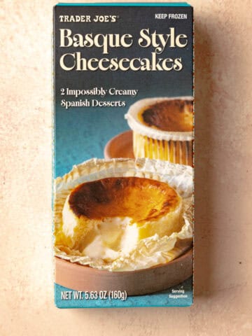 An unopened box of Trader Joe's Basque Style Cheesecakes.