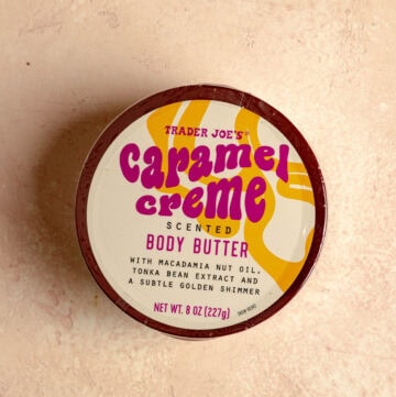 An unopened package of Trader Joe's Caramel Creme Scented Body Butter.
