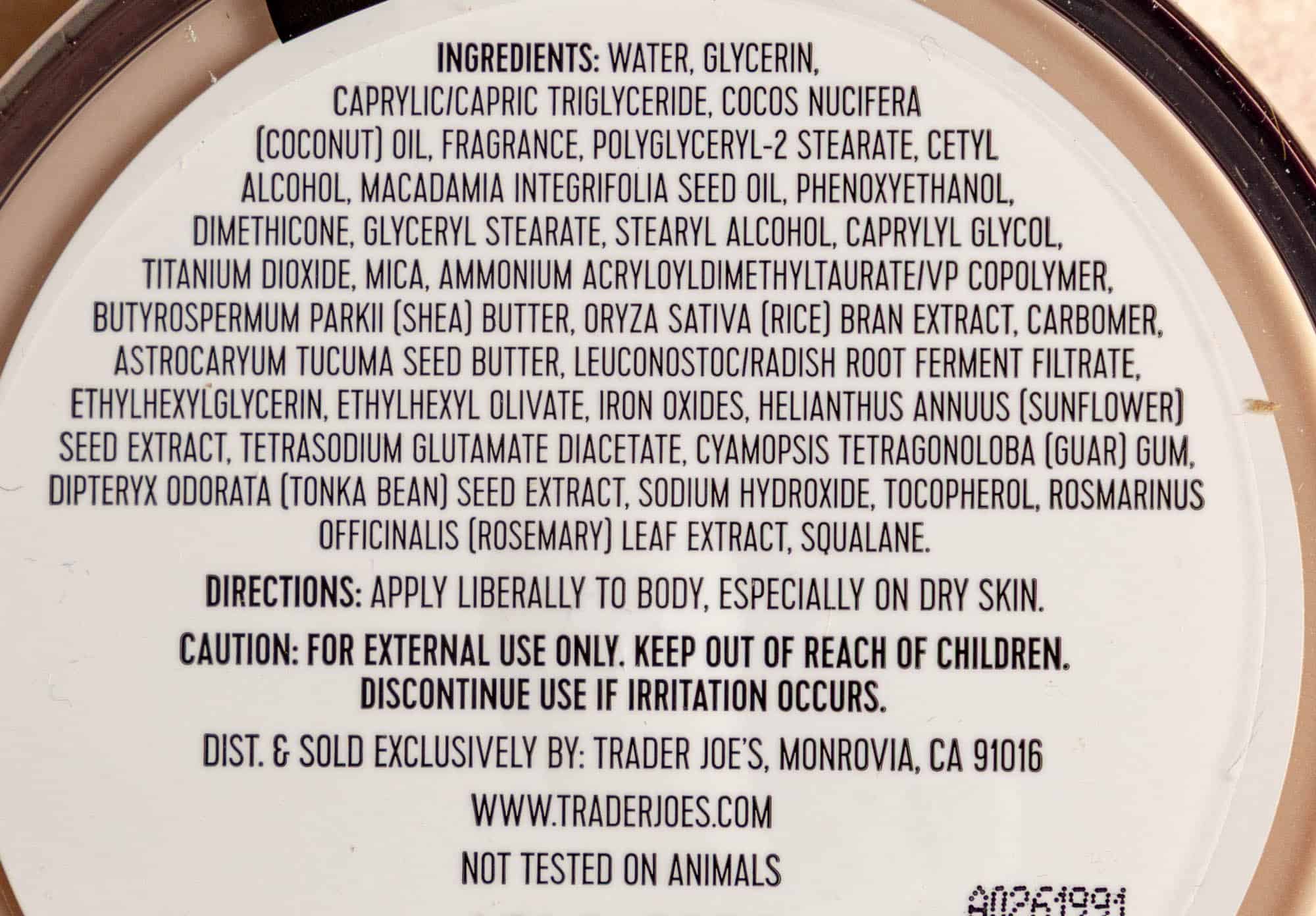 Ingredients and how to use Trader Joe's Caramel Creme Scented Body Butter.