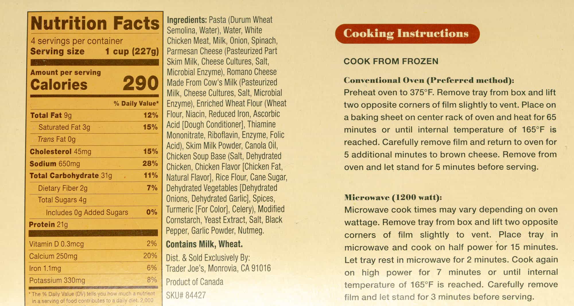 Nutritional information, ingredients, and cooking instructions for Trader Joe's Family Style Chicken Florentine Lasagna.