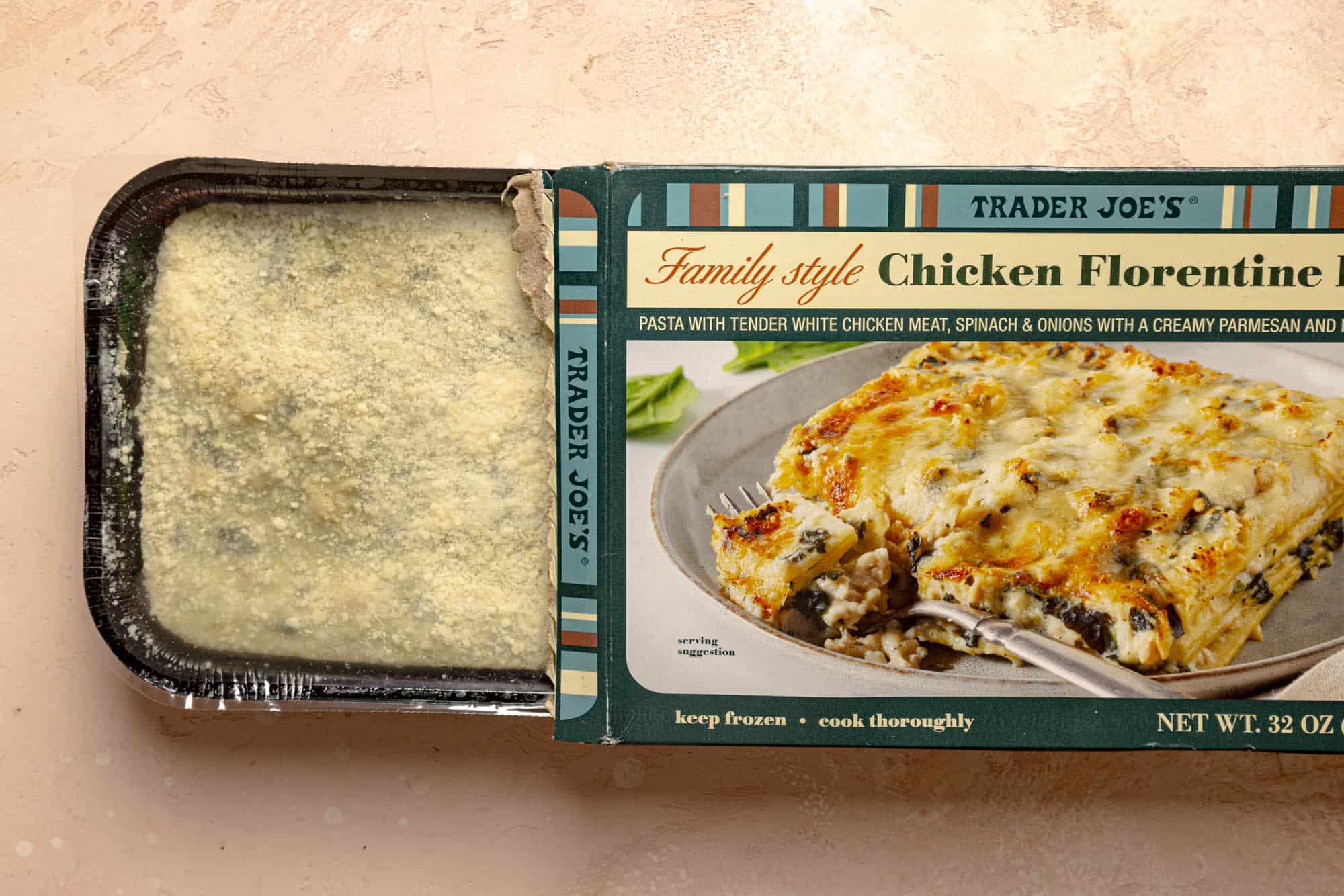 An open box of Trader Joe's Family Style Chicken Florentine Lasagna.