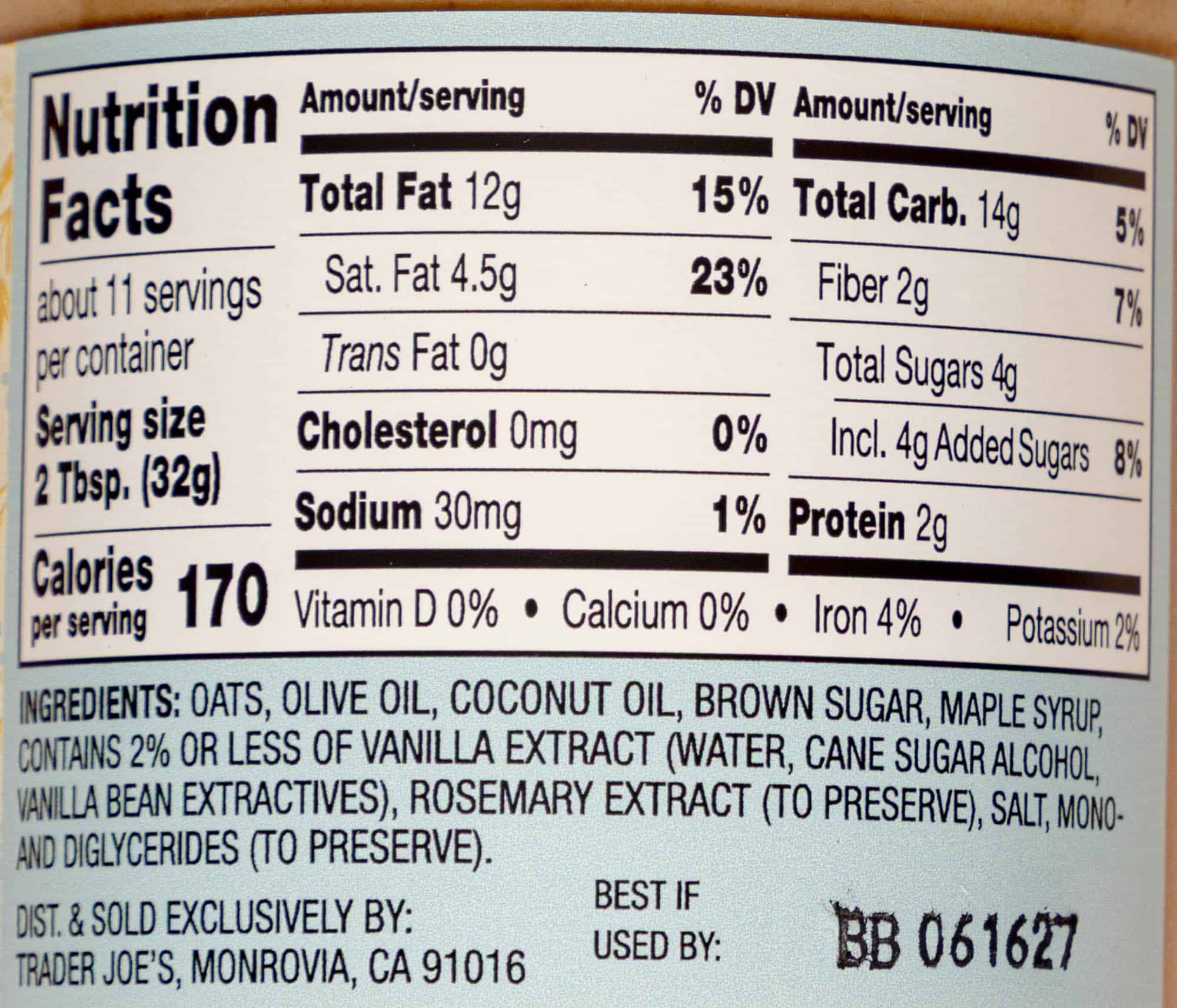 Nutritional facts, ingredients in Trader Joe's Granola Butter.