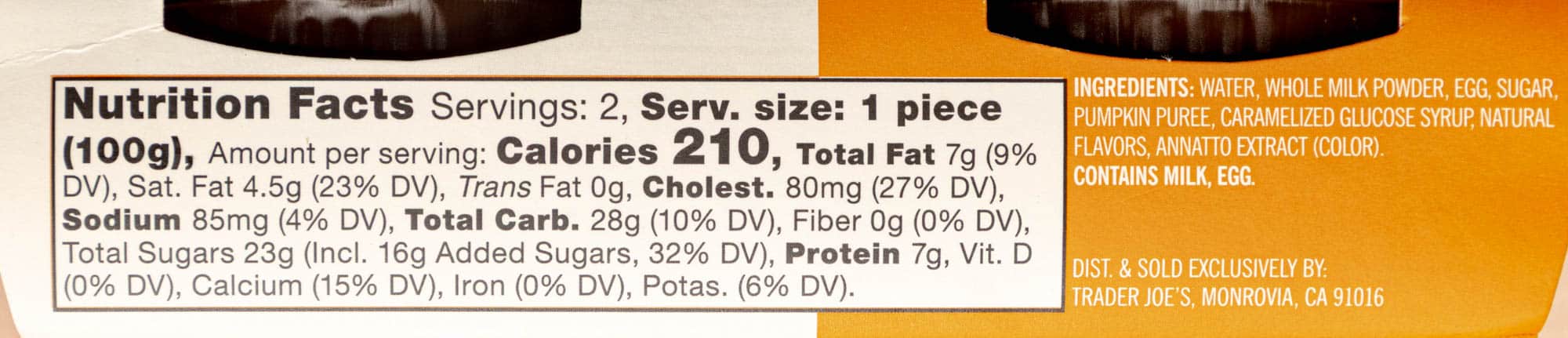 Nutritional facts, ingredients in Trader Joe's Pumpkin Flan.