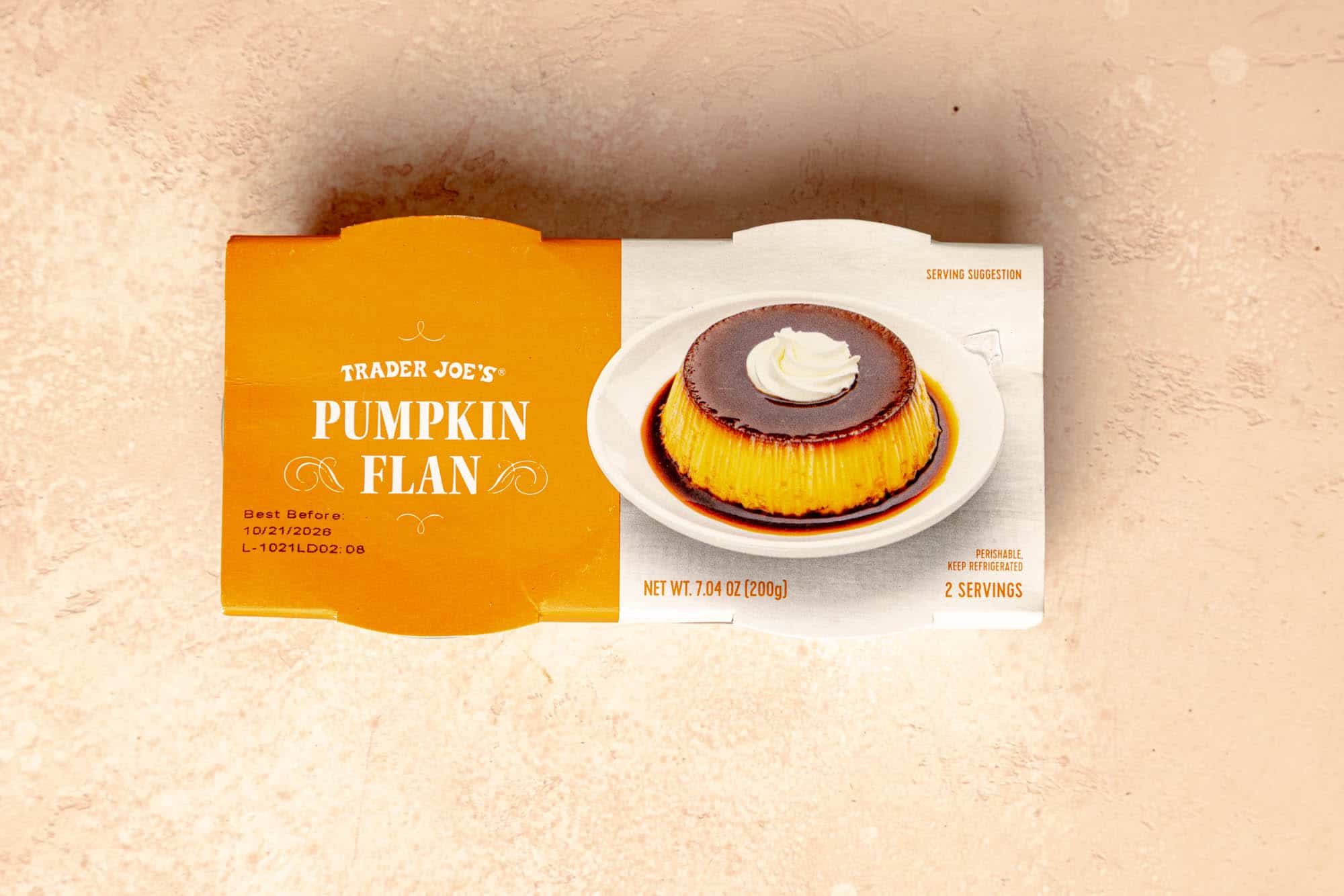 An unopened package of Trader Joe's Pumpkin Flan.