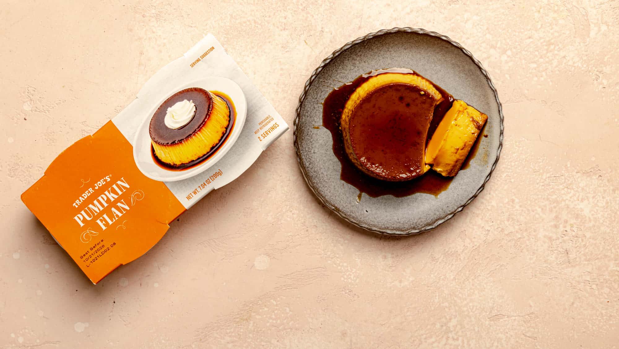 A Trader Joe's Pumpkin Flan on a plate next to the original box.