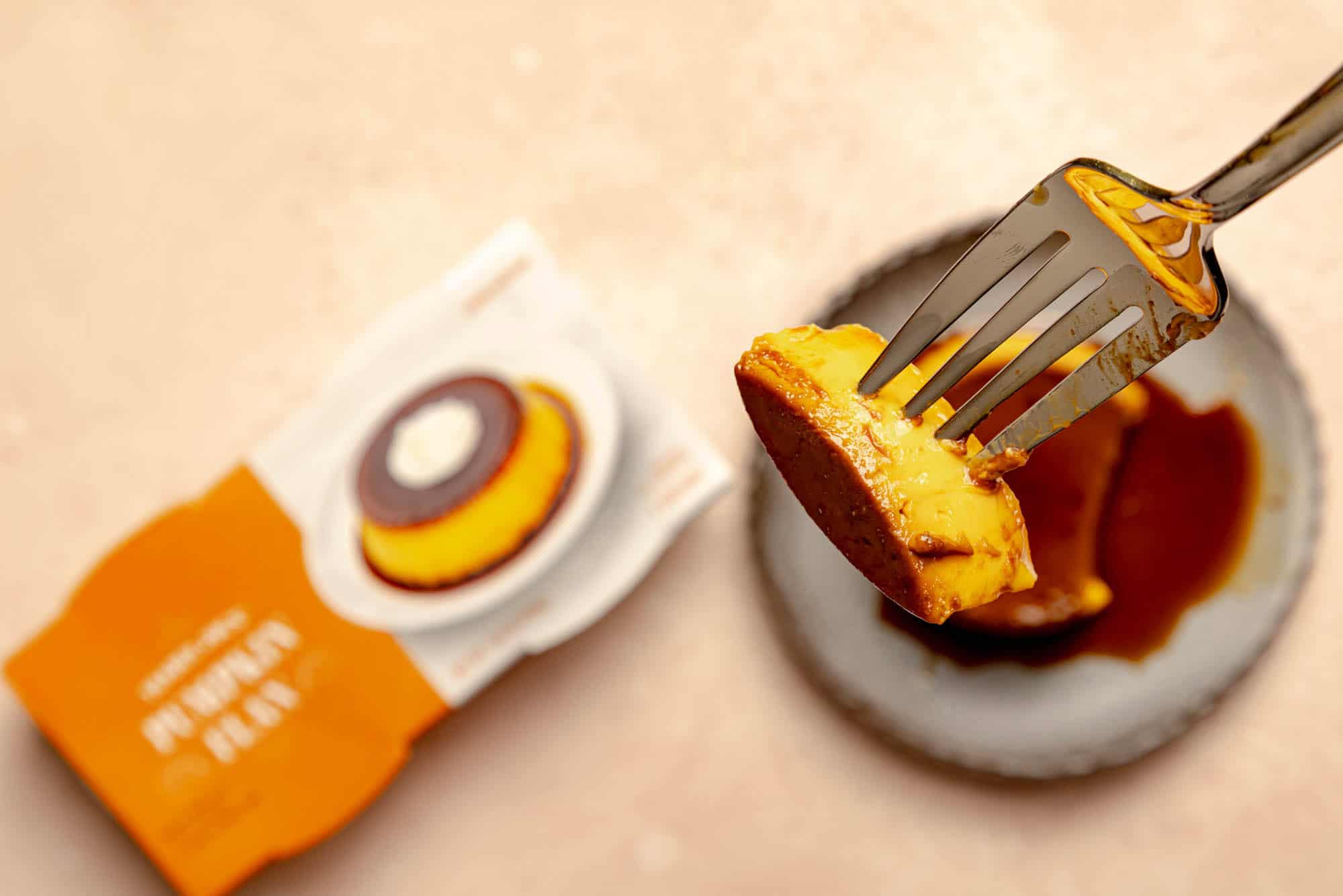 A close up of the bite of Trader Joe's Pumpkin Flan.